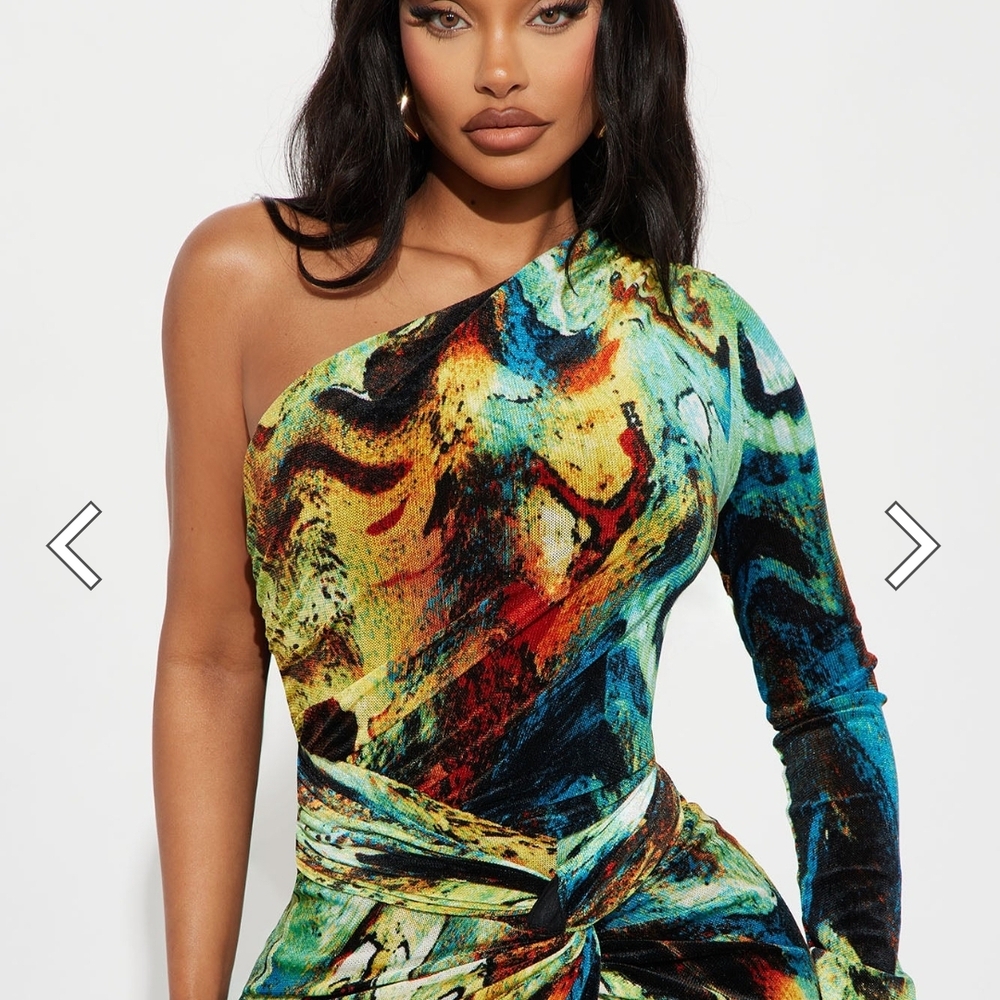 Blue and Yellow One-Shoulder Long Sleeve Bodycon Dress